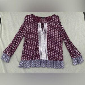 Lucky Brand Women’s L Boho Peasant Top Burgundy Long Sleeve Tie Neck Ruffle Hem